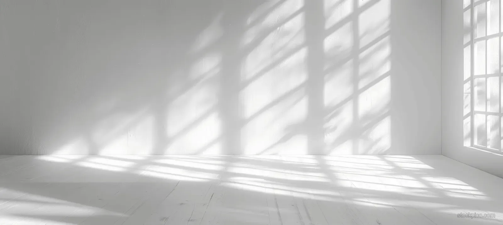 Sunlit window blinds cast soft diagonal shadows across a white wall and floor.