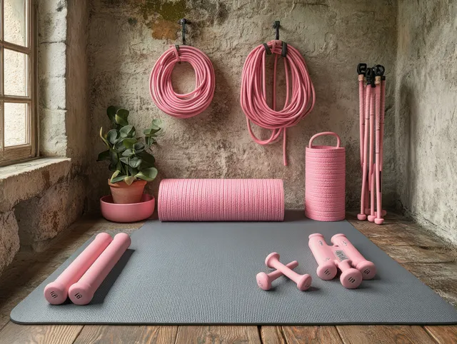 Gray yoga mat with pink dumbbells, jump rope, and monstera plant in minimalist home gym