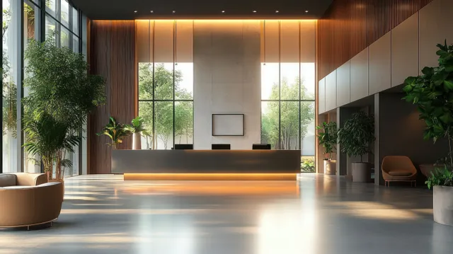 A modern reception lobby with warm-lit desk, floor-to-ceiling windows, and indoor potted plants.