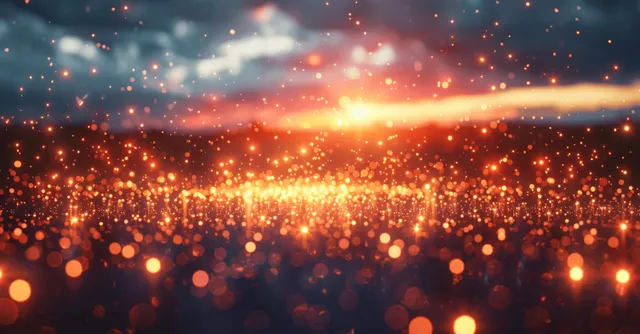 Sparklers glow with American flag colors and warm fireworks bokeh on a blurred background.