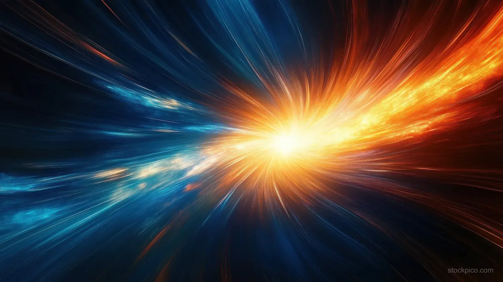 Radiant yellow-orange cosmic flare bursts outward amid swirling blue and black motion streaks.