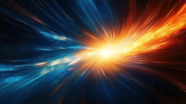 Radiant yellow-orange cosmic flare bursts outward amid swirling blue and black motion streaks.
