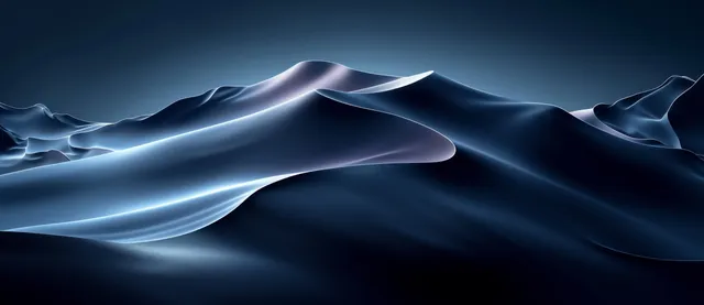 Deep blue wavy abstract background with glossy light trails and flowing wave peaks