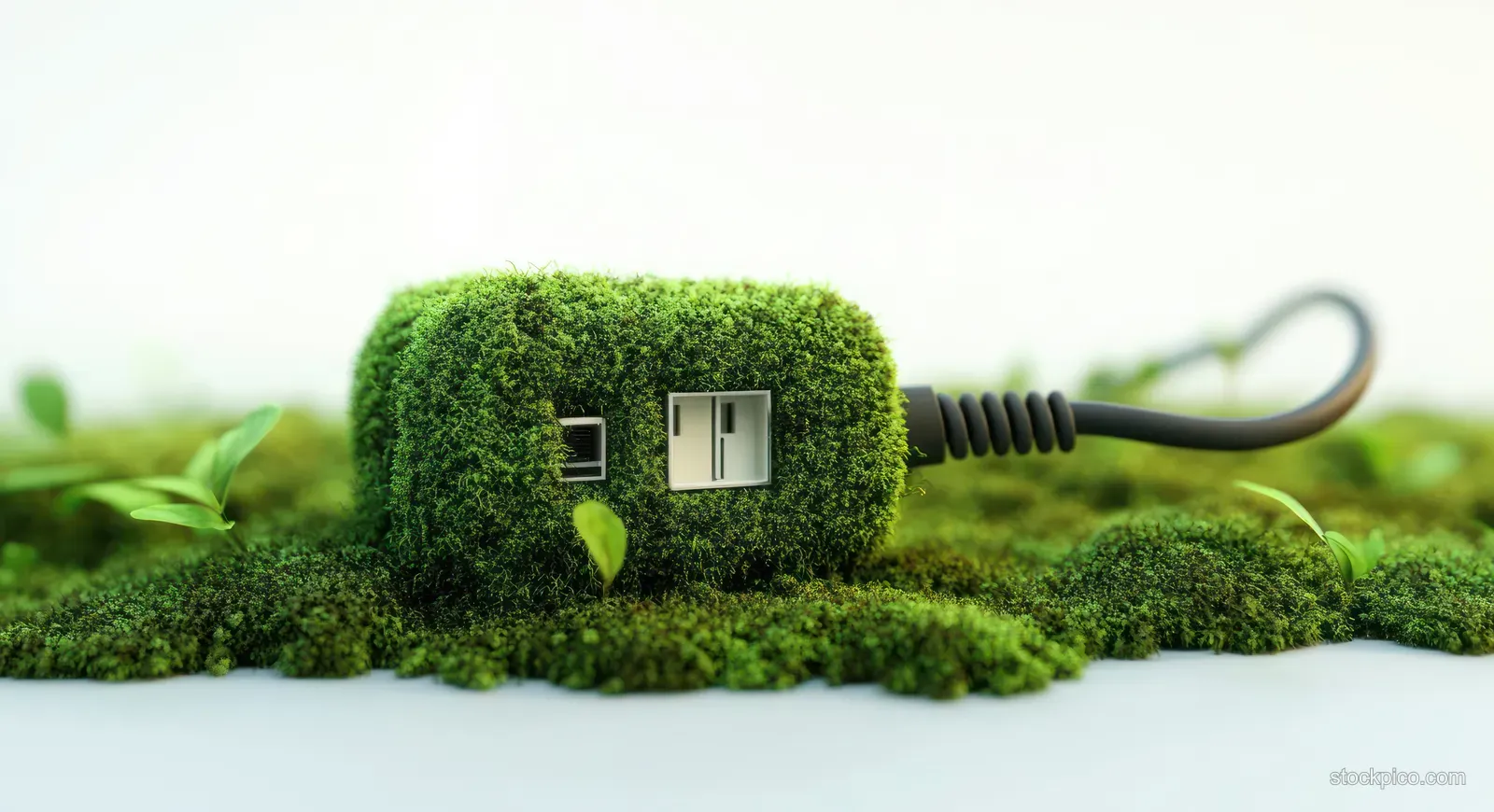 Electrical plug wrapped in green moss with small plants sprouting on a grassy outdoor surface.