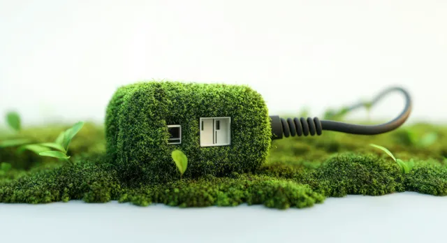 Electrical plug wrapped in green moss with small plants sprouting on a grassy outdoor surface.