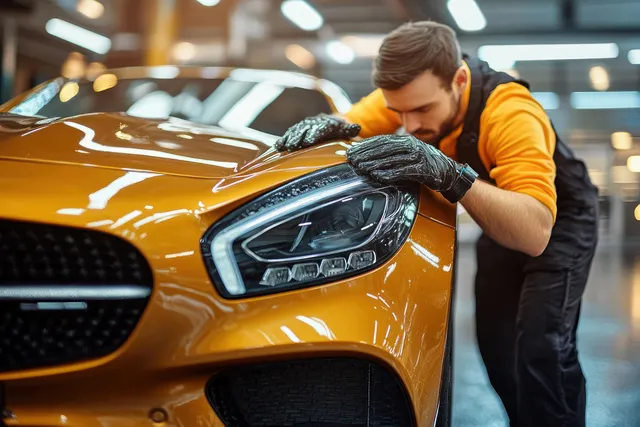 Technician polishing a golden car headlight with a microfiber cloth in a garage with warm lights.