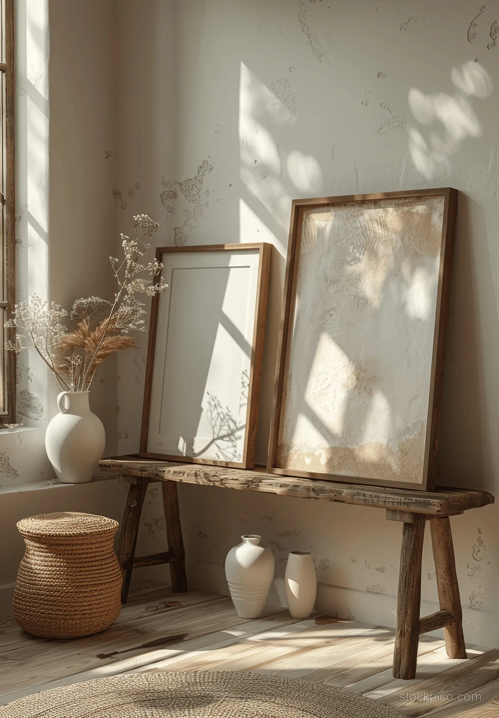 Sunlit Scandinavian corner with a tilted wooden frame mockup, white vases, and a chair near minimal wall decor.