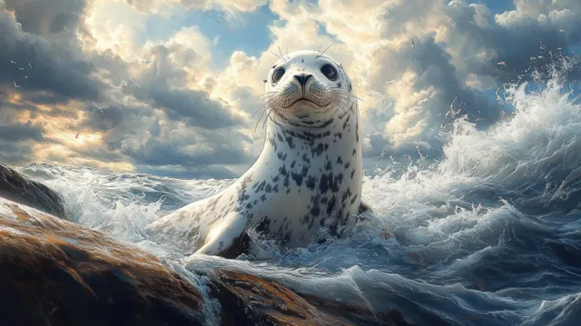 A spotted seal lifts its head above foamy waves on a rocky shoreline under stormy cloudy skies.