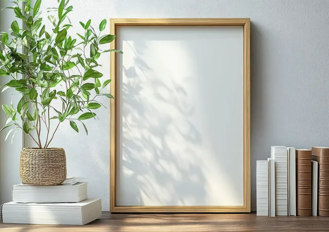 Blank gold picture frame on a shelf beside a potted plant and stacked books with soft window light.