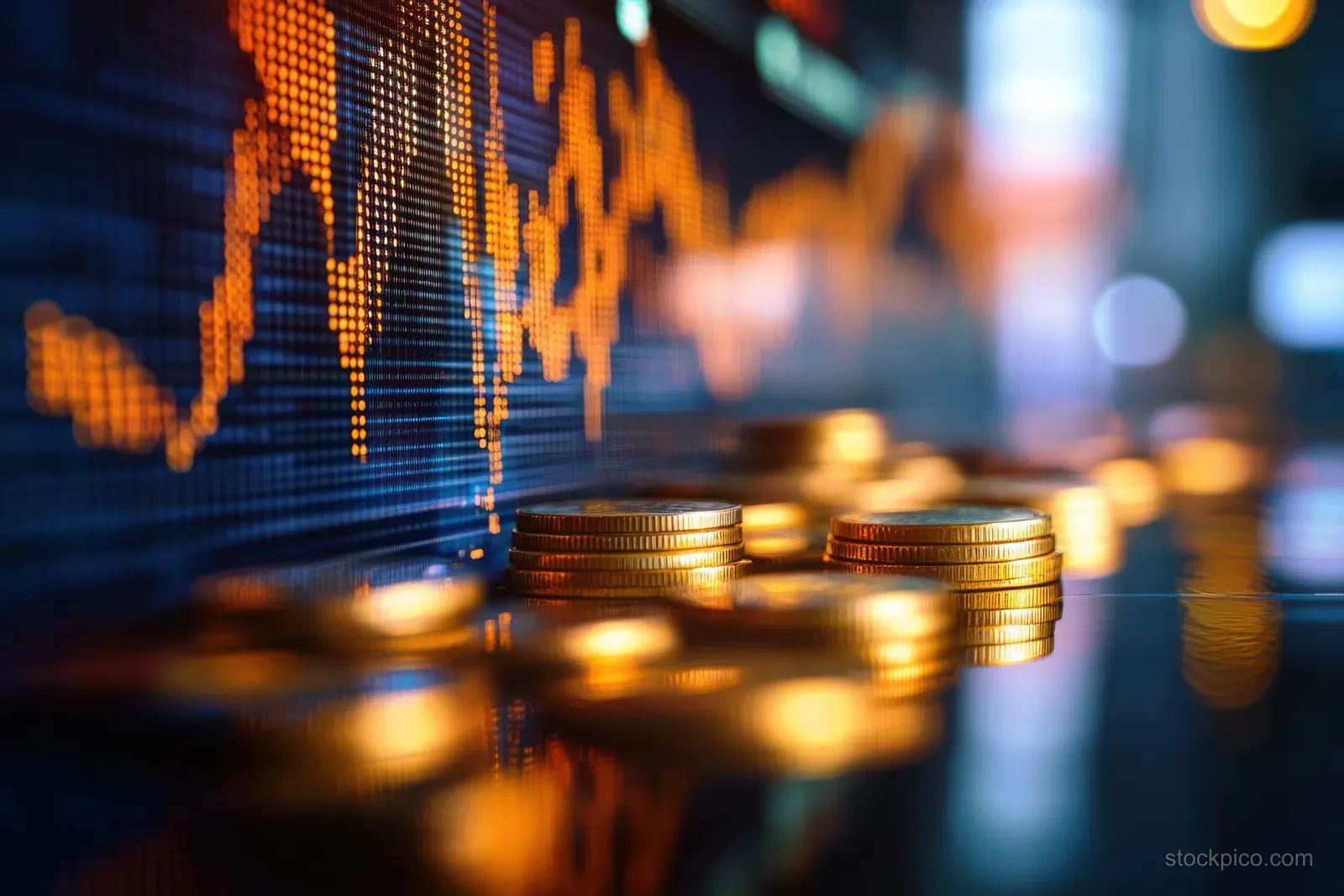 Gold coins sit in front of a glowing stock chart and blurred digital price display.