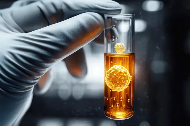 Gloved hand holds a test tube of glowing orange liquid with floating bubbles against a dark blurred laboratory background.