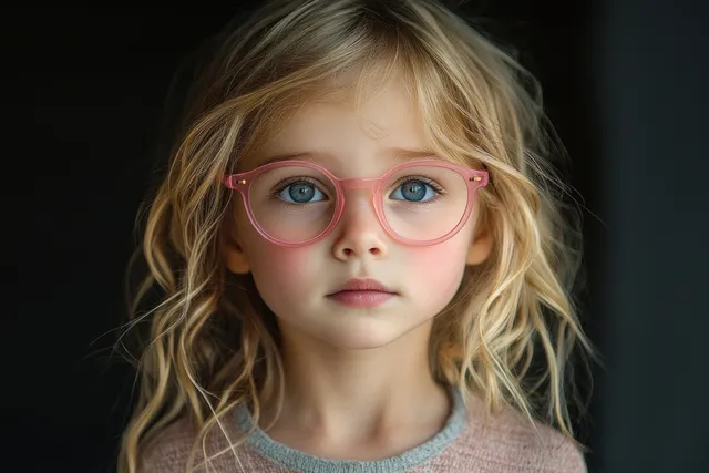 Little boy portrait smiling in minimalist studio wearing bright pink glasses against gray backdrop