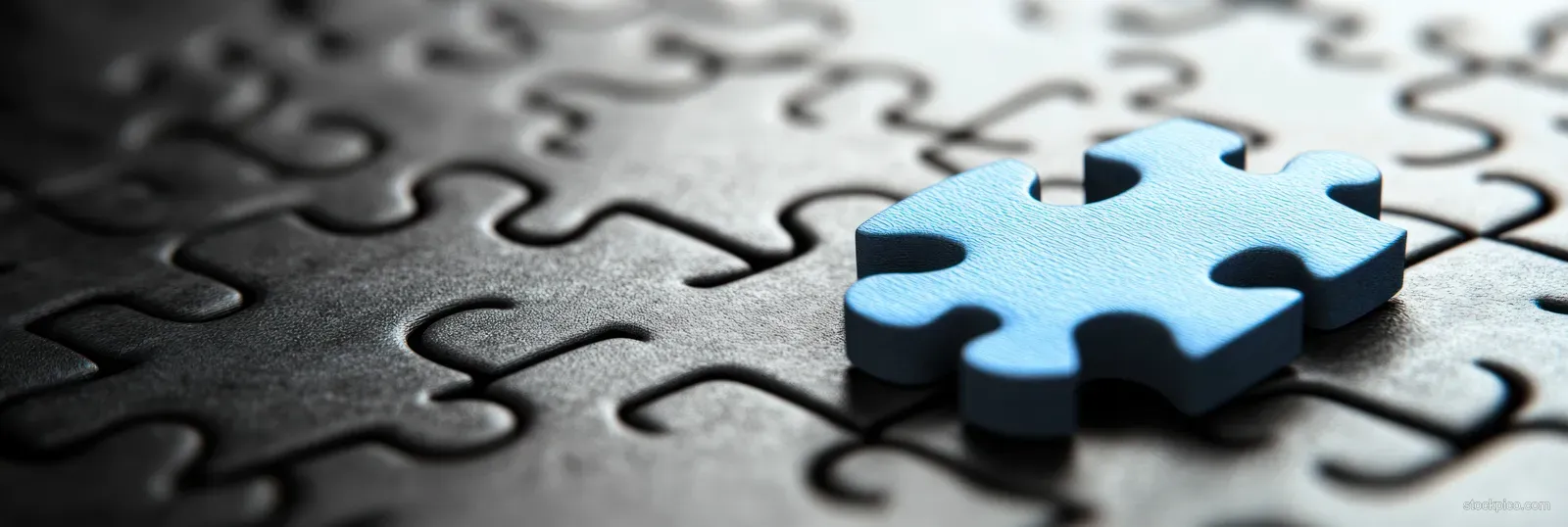 Close-up of a single blue jigsaw piece on a nearly completed black puzzle background with visible interlocking textures.