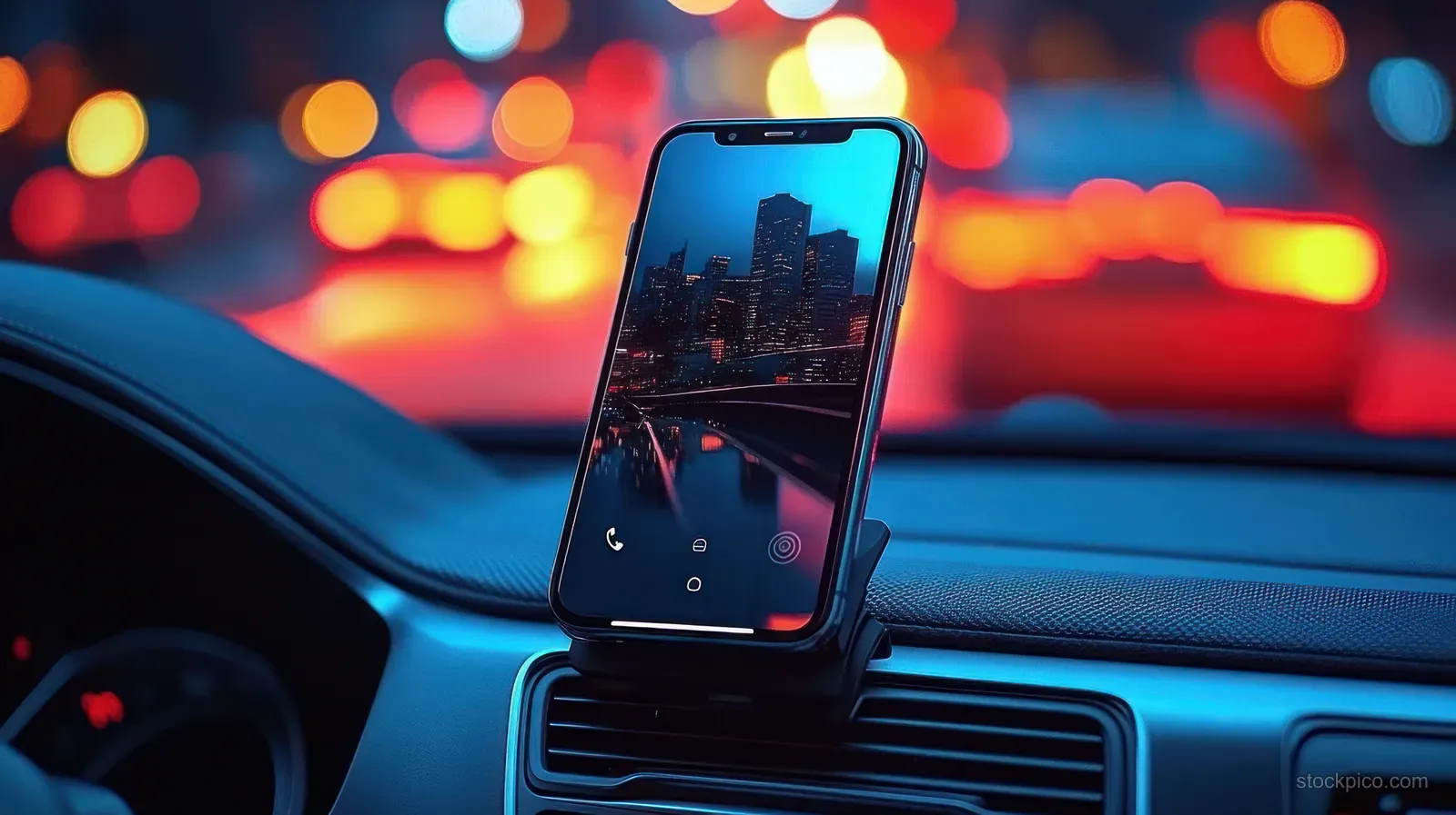 A smartphone on a car dashboard displays a night city skyline with blurred lights in the background, highlighting modern navigation.