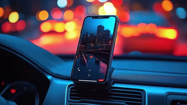 A smartphone on a car dashboard displays a night city skyline with blurred lights in the background, highlighting modern navigation.