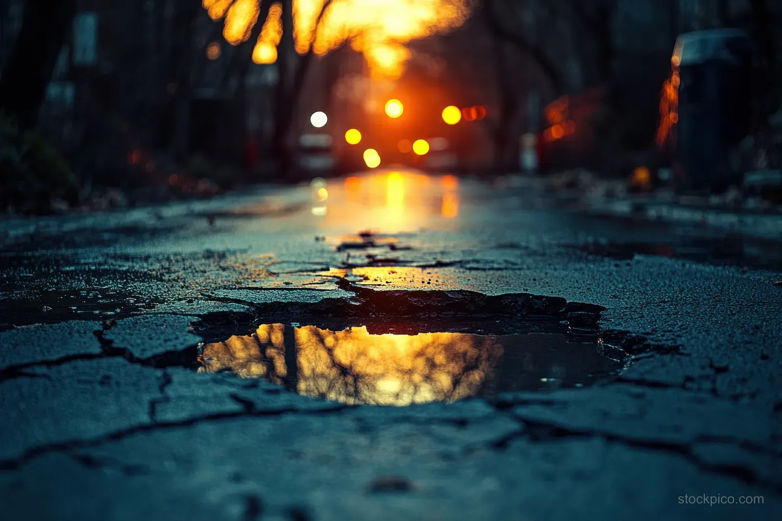 Cracked asphalt road split by an earthquake fissure with blurred city lights reflecting in puddled surface at twilight.