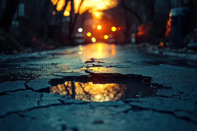 Cracked asphalt road split by an earthquake fissure with blurred city lights reflecting in puddled surface at twilight.