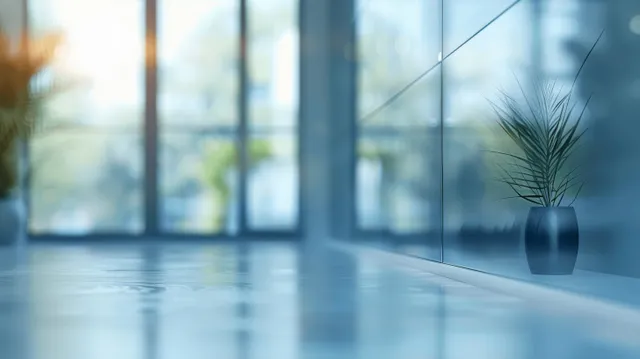Blurry modern office interior with glass windows, faint desk reflections, and a small plant in view