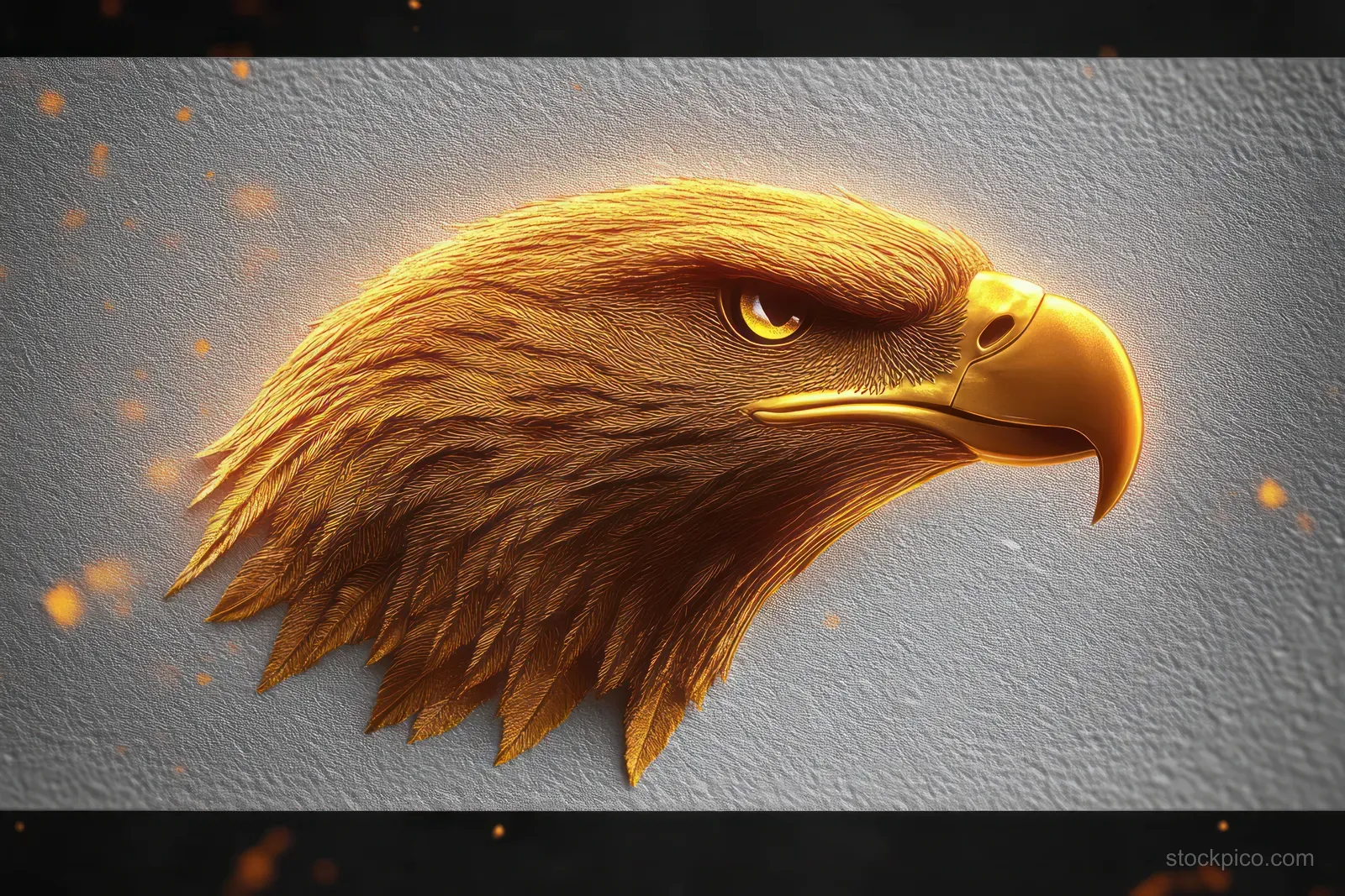 Golden eagle head in profile with sharp eyes, beak details, and orange glowing particles over a textured gray background.