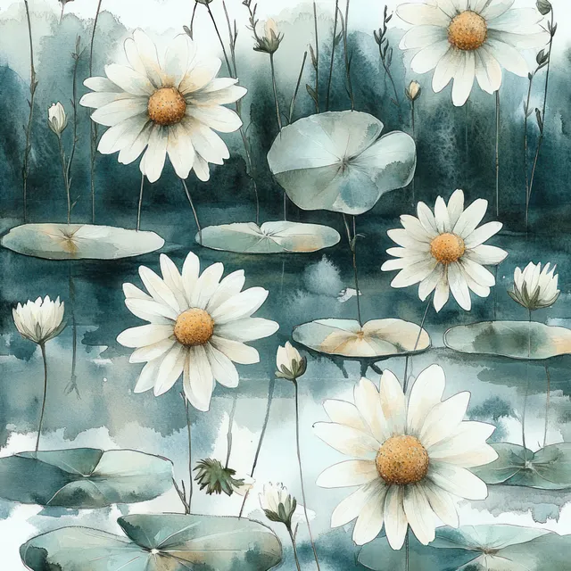 Watercolor daisies floating over lily pads with soft pastel blue wash and natural light