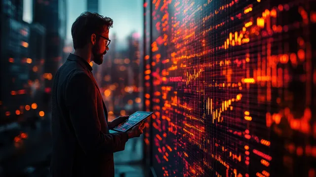 Businessman checks tablet stock charts beside glowing exchange data wall at night