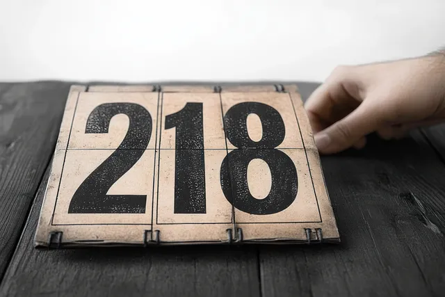 A hand holds a vintage rotating wooden calendar displaying the number 218 on a dark tabletop.