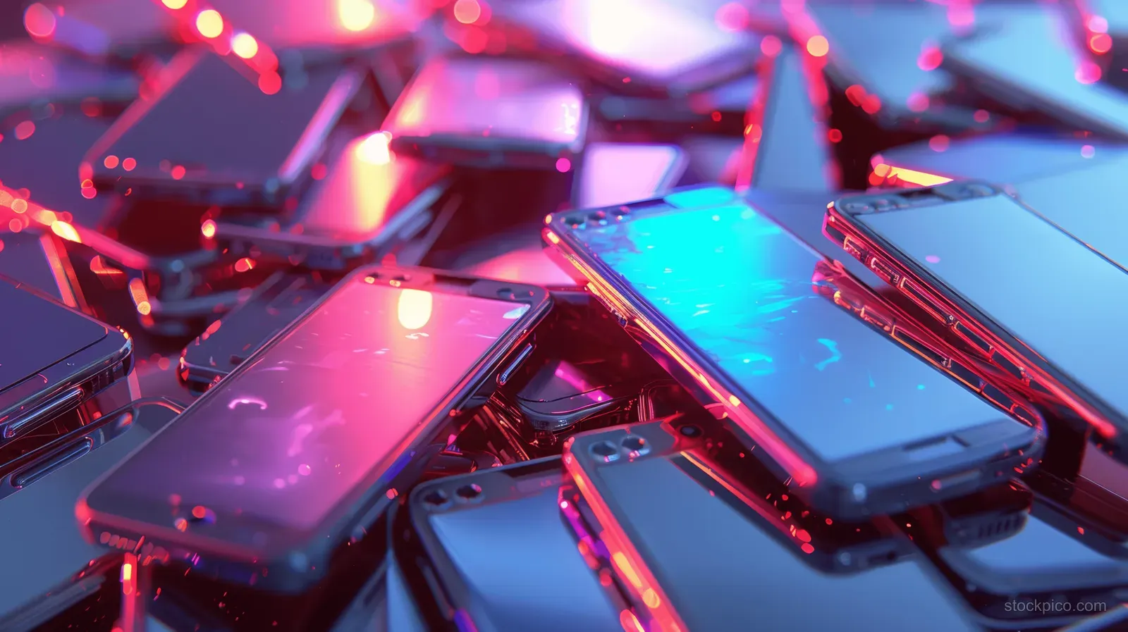 A pile of smartphones lit by pink and blue neon on a holographic background.