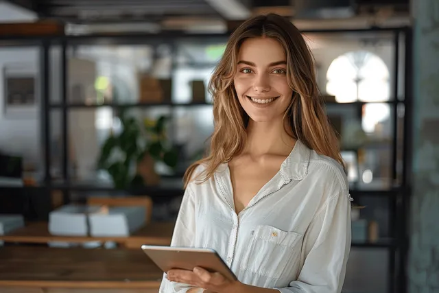 Smiling Hispanic CEO holds a tablet during a virtual meeting in a modern office
