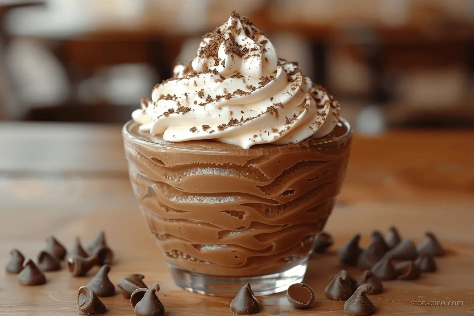 Close-up of chocolate mousse with whipped cream in a glass bowl on a wooden table with scattered chocolate shavings.