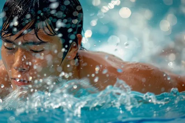 Japanese backstroke swimmer powers through a pool, water droplets splashing mid-stroke