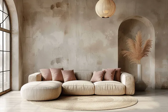 Minimalist beige living room showing a low sofa with pink pillows beneath a round pendant light and an arched window.