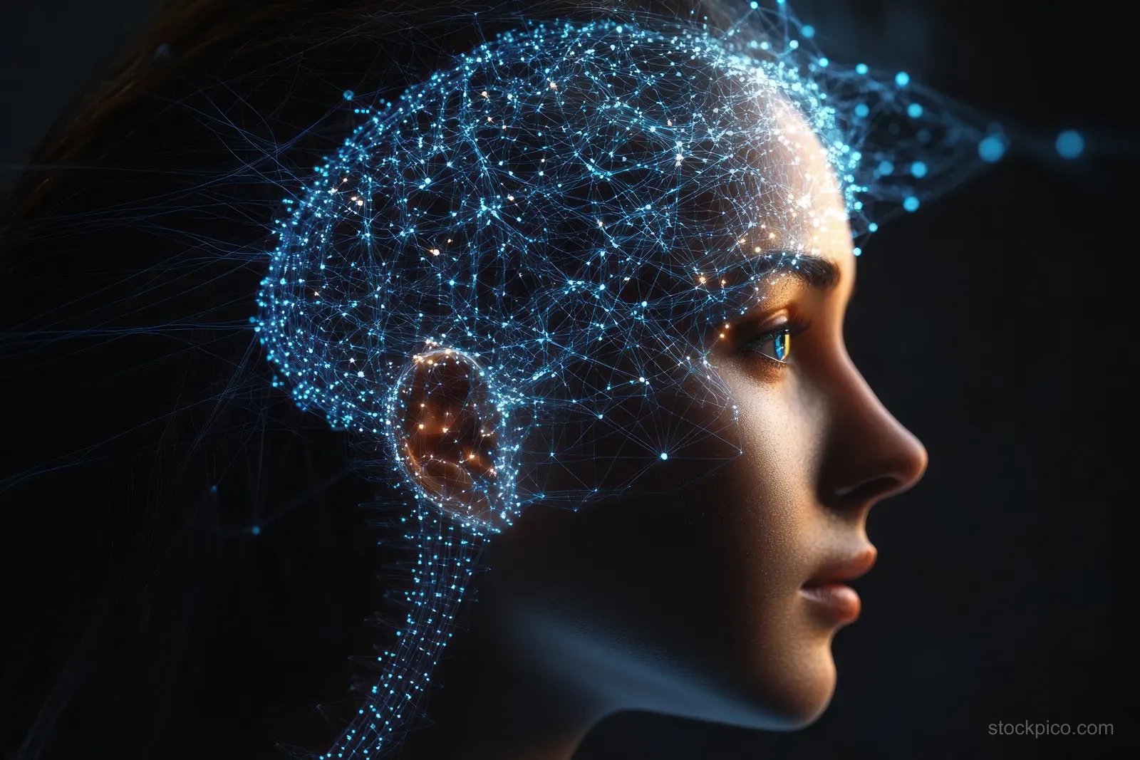 Humanoid silhouette surrounded by glowing neural network and brainwave dots on a dark cyberpunk background.