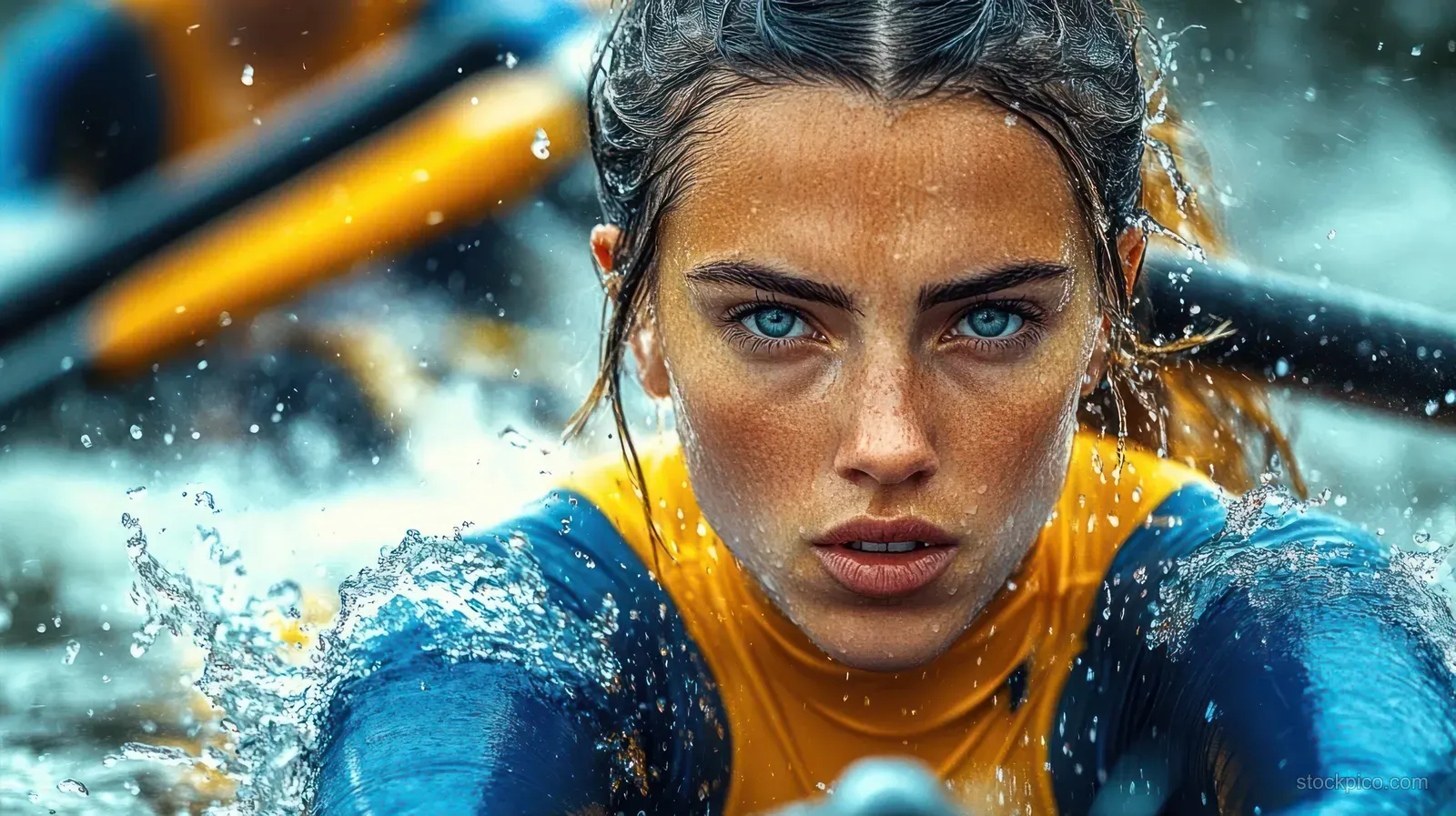 Focused female rower with blue eyes navigates through splashing water, showcasing intensity and determination in her sport.