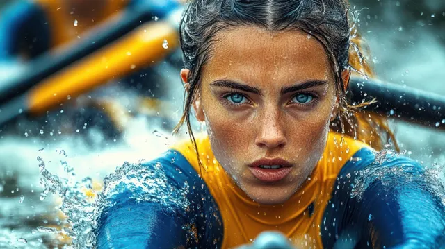 Focused female rower with blue eyes navigates through splashing water, showcasing intensity and determination in her sport.