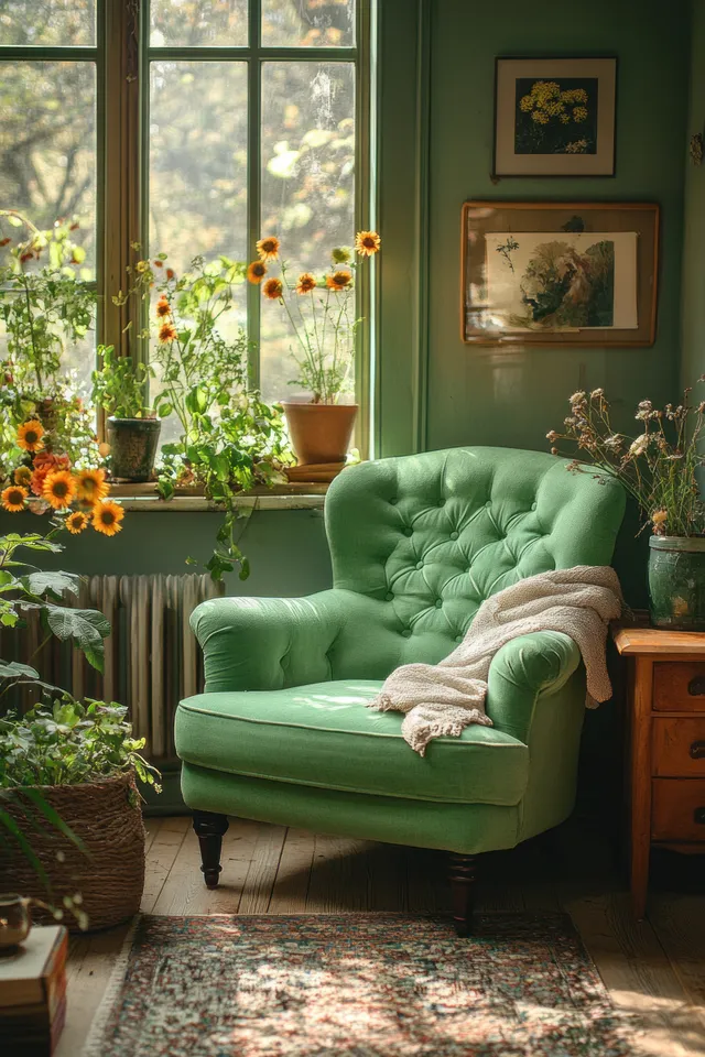 Plush green armchair in a Scandinavian living room with tall window light and potted greenery on the sill.