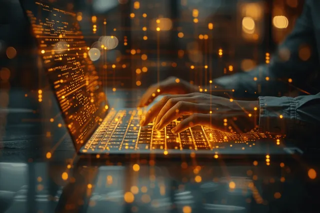 Businesswoman typing on laptop beside glowing virtual screen icons and document workflow