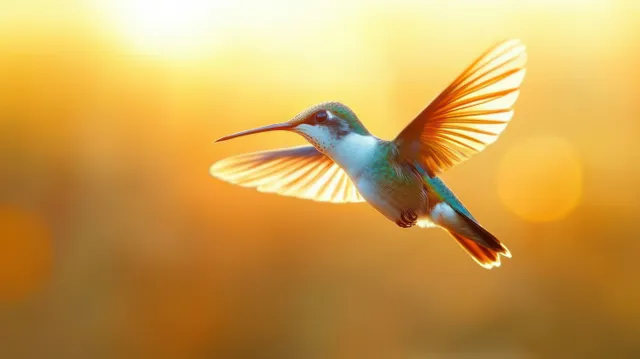 Hummingbird hovering mid-flight with wings spread wide against a warm sunset glow