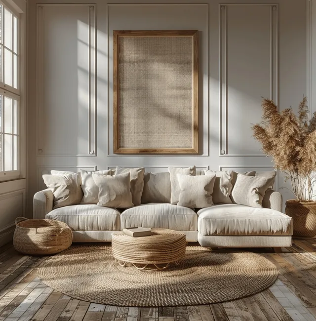 Boho modern living room with blank wooden frame above beige sofa and pampas decor with Neutral Home Aesthetics