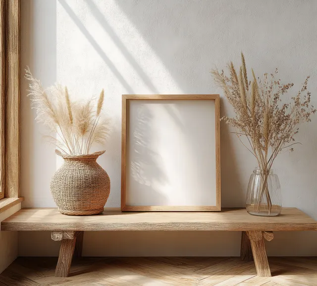 Minimalist bench against a sunlit white wall with a blank frame and two vases of dried pampas grass.