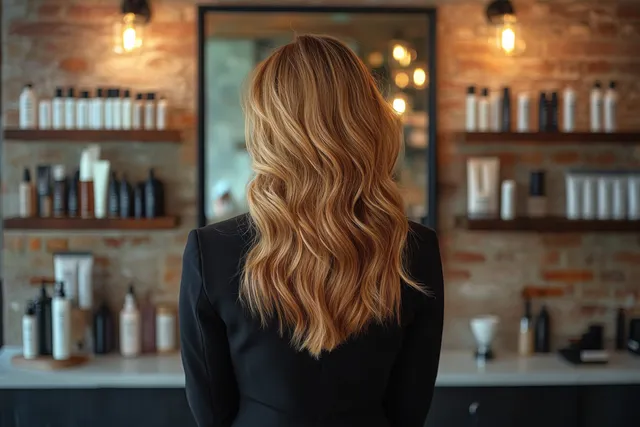 A woman in a black blazer stands at a salon mirror with long wavy hair and shelves of hair products behind her.