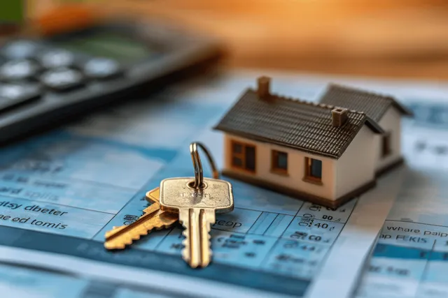 House model and key lying on mortgage documents beside a calculator on a kitchen table.