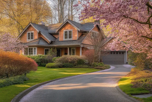 A suburban house front view with a curved driveway, blooming cherry blossoms, and trimmed green shrubs in spring sunlight.