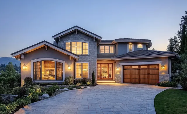 Twilight modern house exterior glowing warmly from windows and garage driveway
