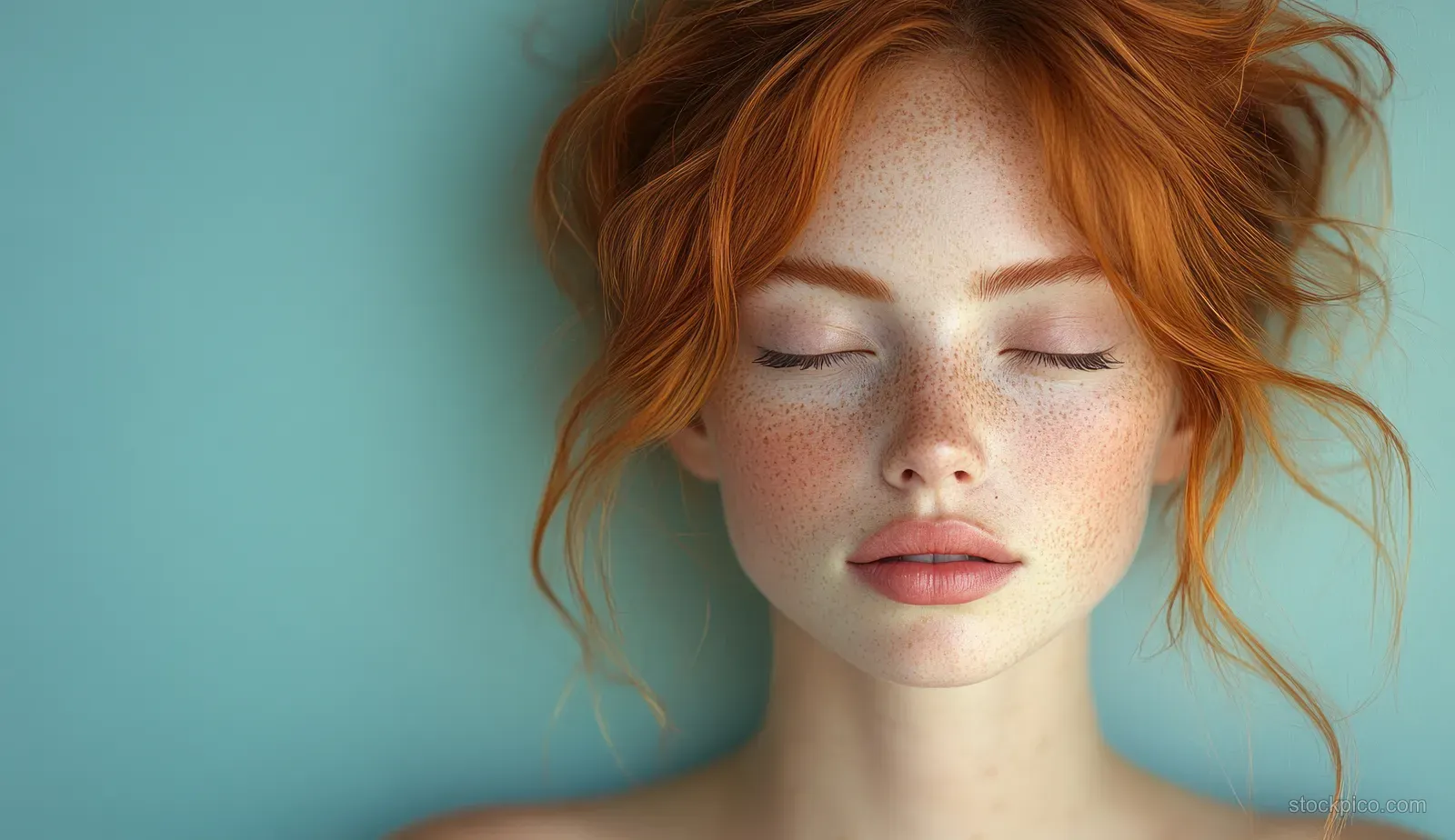 Redheaded woman applying skincare cream to her face in a minimal turquoise background under soft lighting.