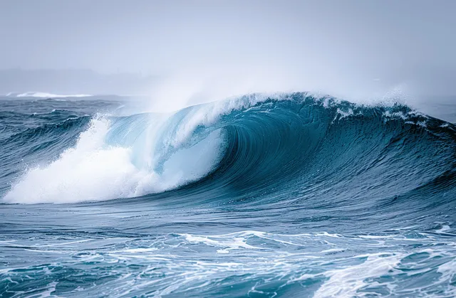 Large blue ocean wave breaks over a reef, sending white foam and sea spray into the air.