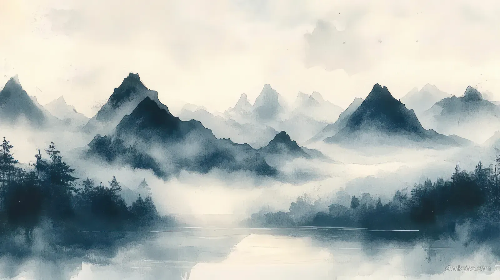 Misty lake reflecting pine trees and layered mountain peaks under a cloudy dawn sky.
