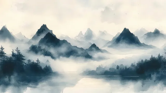 Misty mountain lake at dawn with pine silhouettes and soft cloud haze