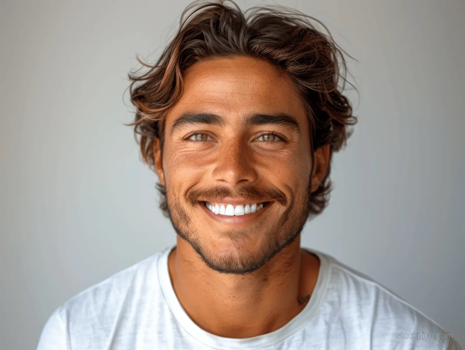 Smiling Indian man in closeup with clean teeth and styled hair, isolated on a white background.
