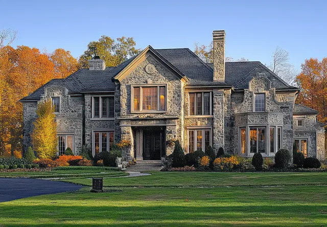 Stone mansion with tall windows and chimney surrounded by autumn trees and colorful leaves on a green lawn.