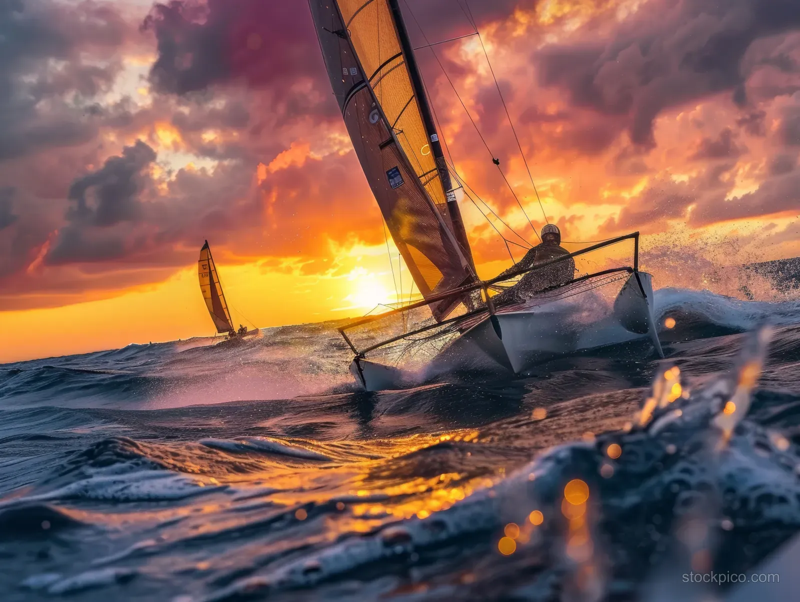 Sailors race a Nacra 17 catamaran across rough waves during sunset with sails catching the wind.